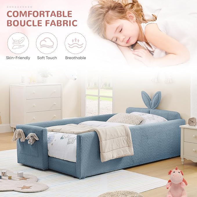 Twin Size Kids Bed with Rabbit Ear Headboard, Upholstered Boucle Fabric Twin Daybed with Slats Support & Side Pockets, Space-Saving Wooden Corner Sofa Couch Bed Frame, for Girls, Boys, Teenager(Blue)