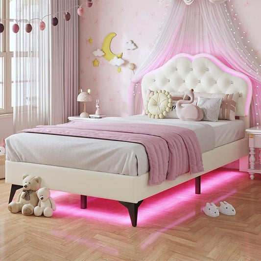 BTHFST Twin Size Upholstered Bed Frame with LED Lights, Adjustable Headboard with Crystal Button, Princess Platform Bed for Girls, Solid Wood Slats Support, No Box Spring Needed, Beige