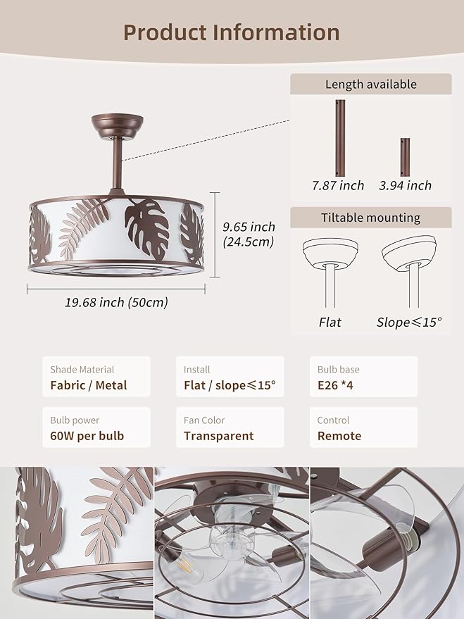 20" Farmhouse Rustic Caged Ceiling Fan with Light, Brown Fandelier Ceiling Fan with Light, Brown Bladeless Caged Fandelier for Bedroom, Nursery, Living Room