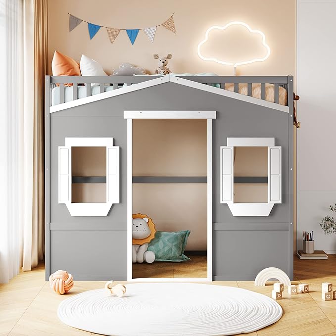 Twin Size Loft Bed with Safety Guardrail for Kids Boys Girls, Playhouse Design Solid Wood Loft Bed Frame with Ladder and Windows, Strong Wood Slats Support, Space-Saving (Gray+w Twin)