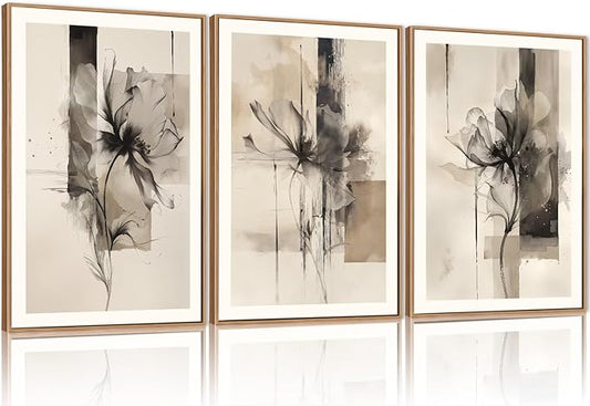 FWIEXA Black Beige Floral Canvas Wall Art Set 3, Neutral Abstract Florals Framed Prints, Brushstroke Geometry Line Paintings, 24x36In Watercolor Ink Artwork Poster for Farmhouse, Living Room, Bedroom, Office