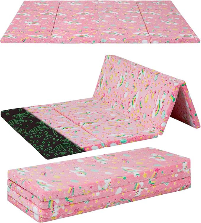 MeMoreCool Kids Floor Futon Mattress, Play Mat Muscle Mat Large 6x4 FT, Thicken Foam Tatami Mattress for Children Play Area, Foldable Sleeping Crawling Pad for Playroom, Pink Rainbow
