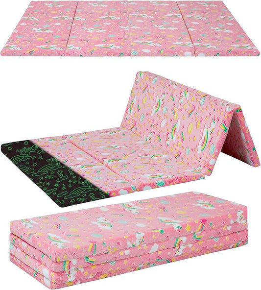 MeMoreCool Kids Floor Futon Mattress, Play Mat Muscle Mat Large 6x4 FT, Thicken Foam Tatami Mattress for Children Play Area, Foldable Sleeping Crawling Pad for Playroom, Pink Rainbow