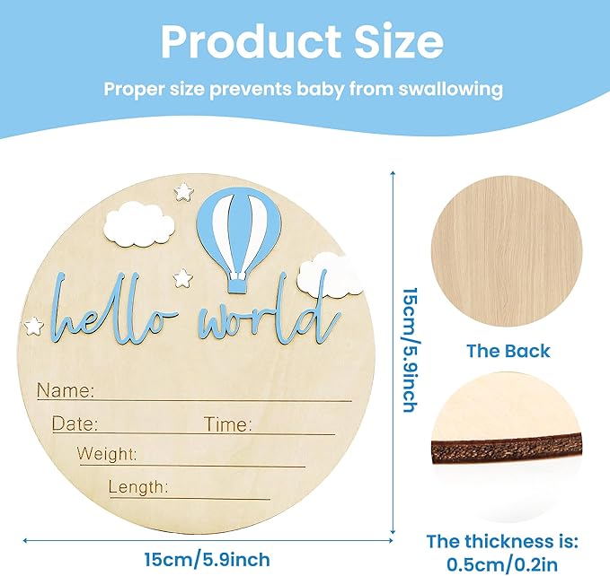 Baby Announcement Sign with Pen, 5.9 Inch Wooden Hello World Newborn Sign for Hospital, 3D Birth Announcement Board, Welcome Baby Name Signs for Nursery, Newborn Boy & Girl,Blue Balloon