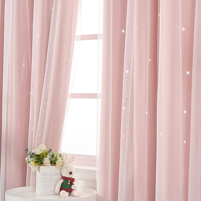 Light Pink Curtains Short Blackout for Girls Bedroom - Aesthetic Star Cutout Double Layer with White Sheer Overlay, 45 Inch Length 2 Panels Cute Curtain Baby Nursery Room Decor Drapes