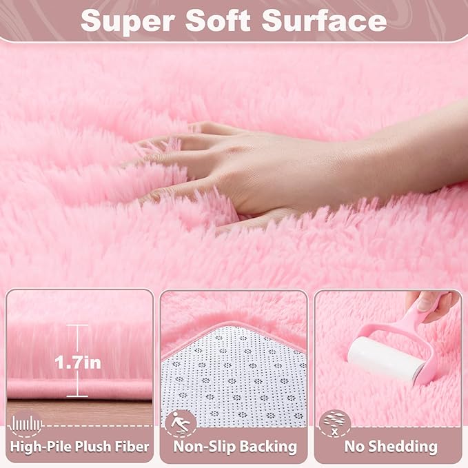 EVOIONOS Ultra Soft Area Rug for Bedroom, 4x6 Machine Washable Fluffy Shag Rug for Living Room, Plush Non Slip Carpet for Indoor Floor Bedside Nursery Kids Girls Room Dorm, Home Decor Aesthetic, Pink