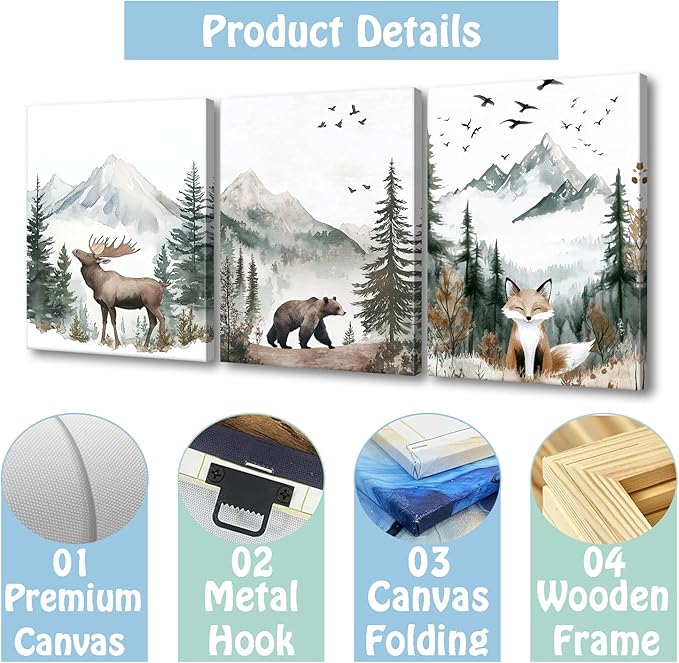 SANGGUOBIN Woodland Animal Wall Art Set of 3 Deer Bear Fox Watercolor Prints Wildlife Forest Canvas Vintage Natural Adventure Landscape Poster for Nursery Bedroom Decor(Green-1,20x28inchx3)