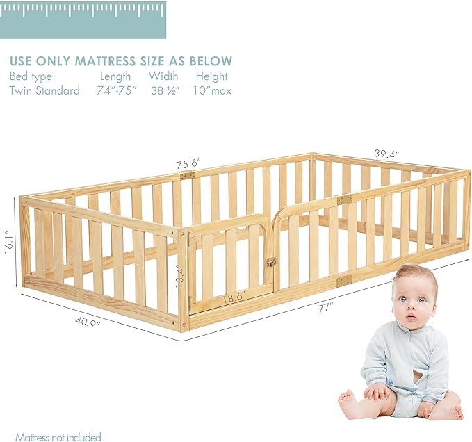 Spirich Twin Size Kids Floor Bed Frame with Fence and Door, Solid Wood Montessori Floor Bed for Kids with Safety Guardrails, Twin Bed Frame for Boys and Girls, Natural