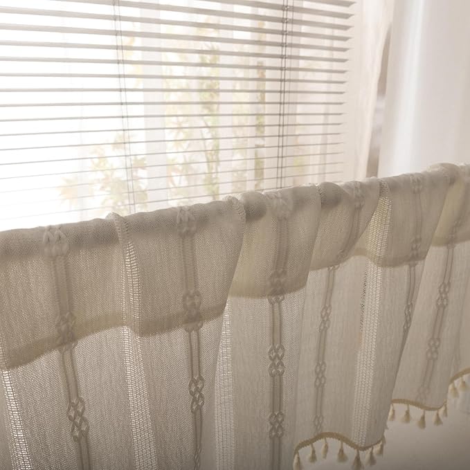 Deeprove White Boho Valance with Tassels Linen Kitchen Short Embroidered Curtain. Farmhouse French Country Rustic Small Window Treatment for Cafe Closet Laundry Dining Restaurant 1 Panel W52 x L18