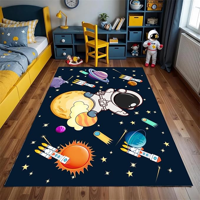 4x5ft Kids Space Themed Area Rug - with Spaceman, Rocket and Planet Design, Non-Slip Washable, Easy Care Rug, Suitable for Kids Playroom, Boys and Girls Room Decor