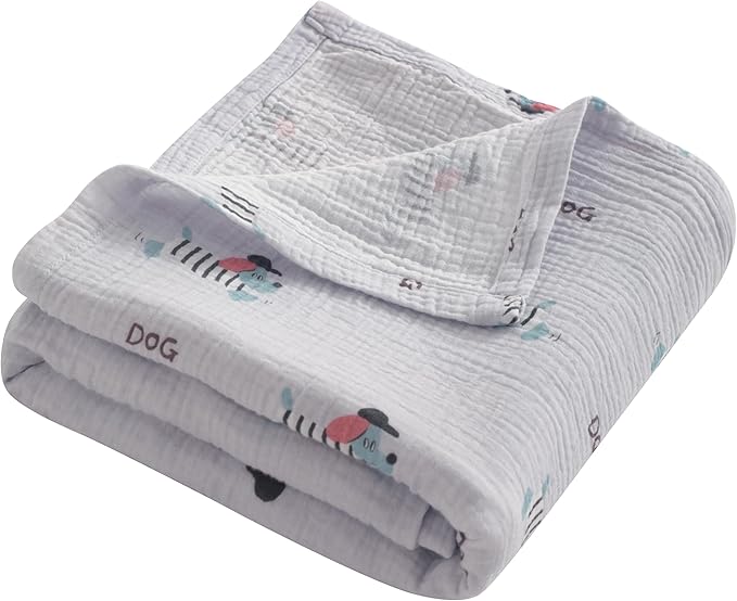 NTBAY 2 Layer Muslin Cotton Baby Swaddle Blanket, 42x60 Soft and Breathable Receiving for Newborns and Infants, Perfect for Crib, Stroller, Travel, Lightweight Nursery Blanket, Striped Dog