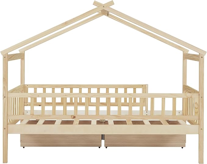 Merax Twin Size Wooden House Bed with Two Drawers, Wood Bed Frame with Roof and Safety Guardrail for Kids, Teens, Boys or Girls, Natural