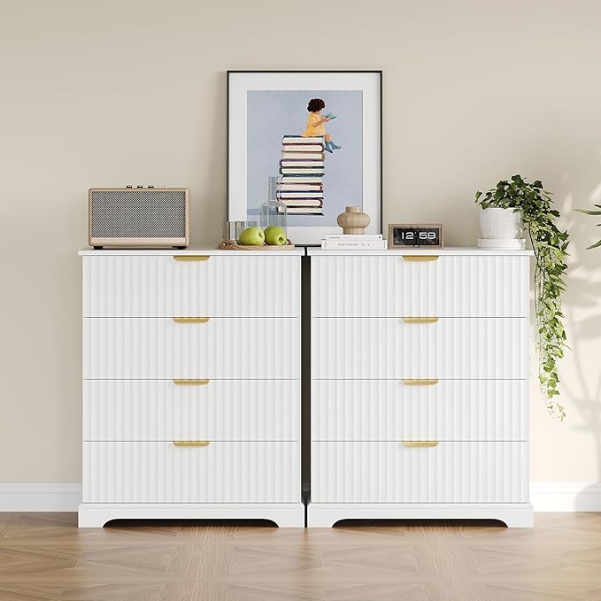 Fluted Dresser with 4 Drawers for Bedroom, 36.6" Tall Dresser with Metal Handle, Wooden Chest of Drawers for Bedroom, Living Room, Entryway, White