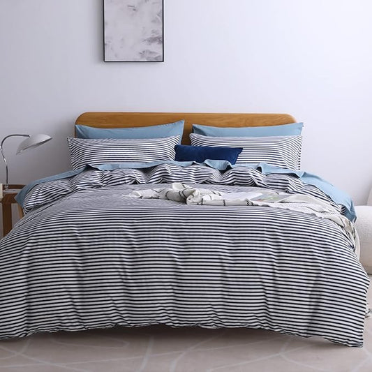 JELLYMONI 100% Natural Cotton 3pcs Striped Duvet Cover Sets,White Duvet Cover with Navy Blue Stripes Pattern Printed Comforter Cover,with Zipper Closure & Corner Ties(King Size)
