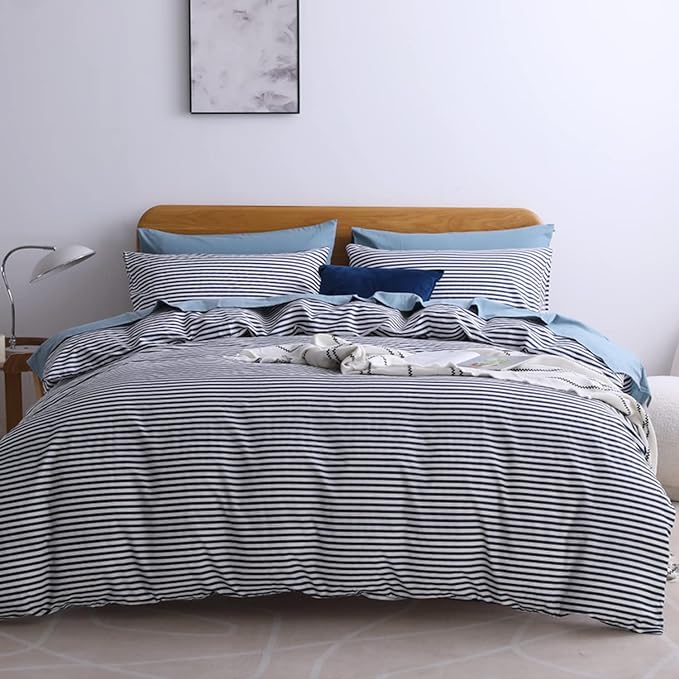JELLYMONI 100% Natural Cotton 3pcs Striped Duvet Cover Sets,White Duvet Cover with Navy Blue Stripes Pattern Printed Comforter Cover,with Zipper Closure & Corner Ties(Cal King Size)