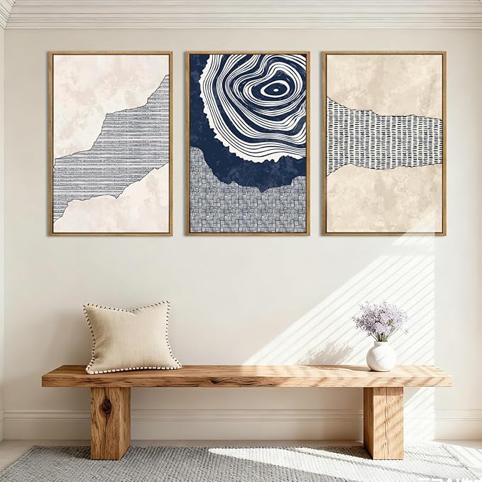 Anyzal Large Navy Blue Tree Rings Wall Art Framed Modern Abstract Neutral Paintings Artwork for Living Room Bedroom Office 16x24 Inch Set of 3