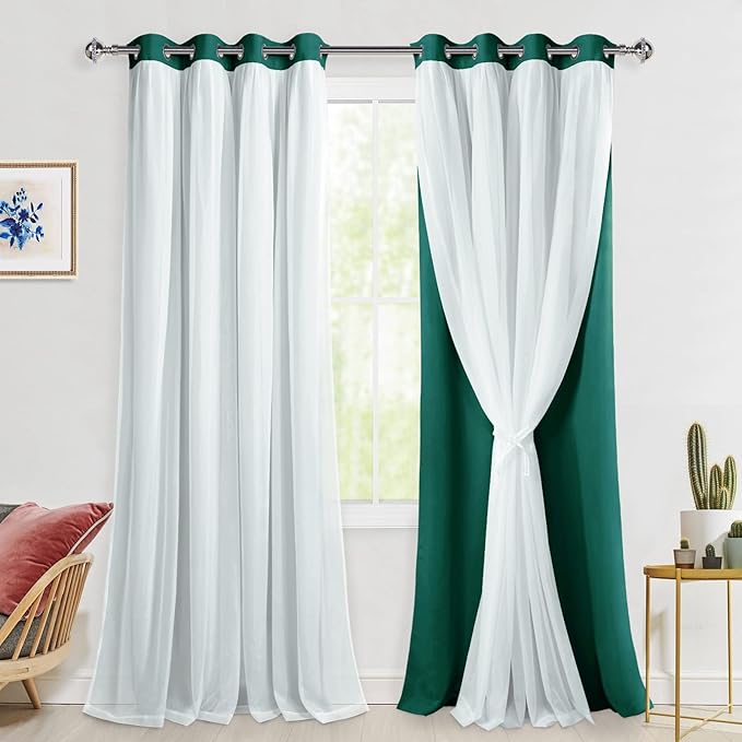 Hiasan Mix & Match Blackout Curtains with Sheer Overlay, Double Layer Sun Blocking Thermal Insulated Grommet Window Curtains for Christmas,Living Room,2 Panels with Tiebacks, Hunter Green, 52W X 108L