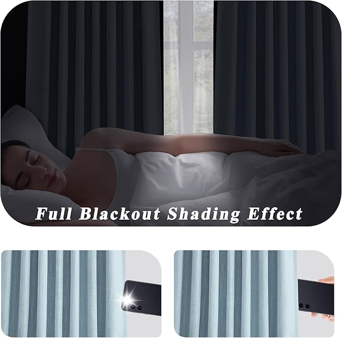 Dusty Blue Pinch Pleated Full Blackout Curtains Linen Texture Thermal Insulated Window Treatment Panel 84 Inch for Living Room Bedroom Noise Reducing Back Tab Drapes with Hooks, 1 Panel, 60"Wx84"L