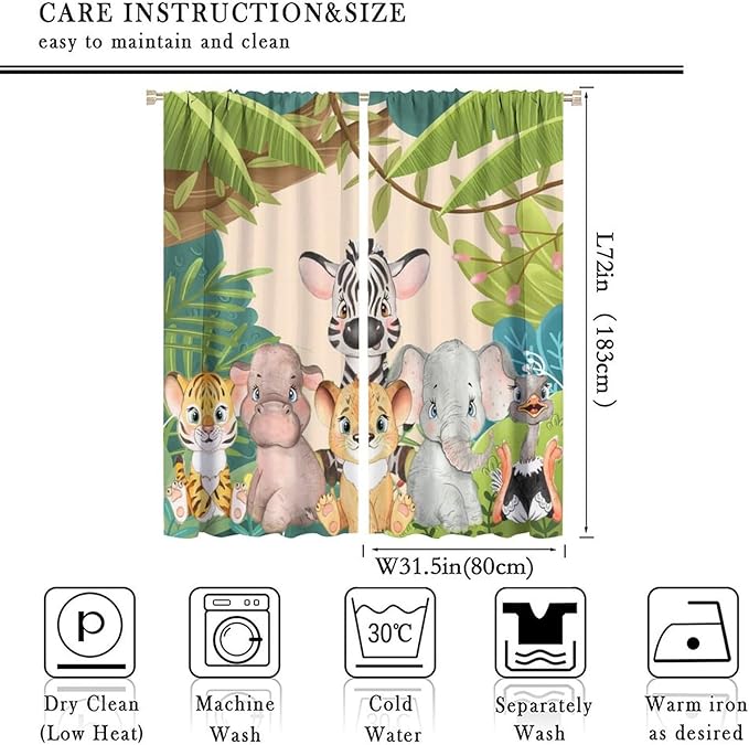 Animals Curtains Colorful Forest Cartoon Cute Zebra Tiger Elephant for Kids Boys Girls Nursery Bedroom Living Room Blackout Rod Pocket Decoration Window Drapes 2 Panels W31.5xL72in