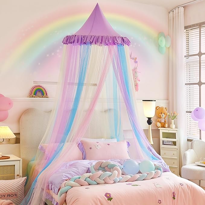 Kertnic Rainbow Bed Canopy for Girls Dreamy Mosquito Net for Bed Round Dome Princess Bed Canopy Girl Room Play Tent Kids Canopy Bed Netting Curtains (Single Layer- Purple)