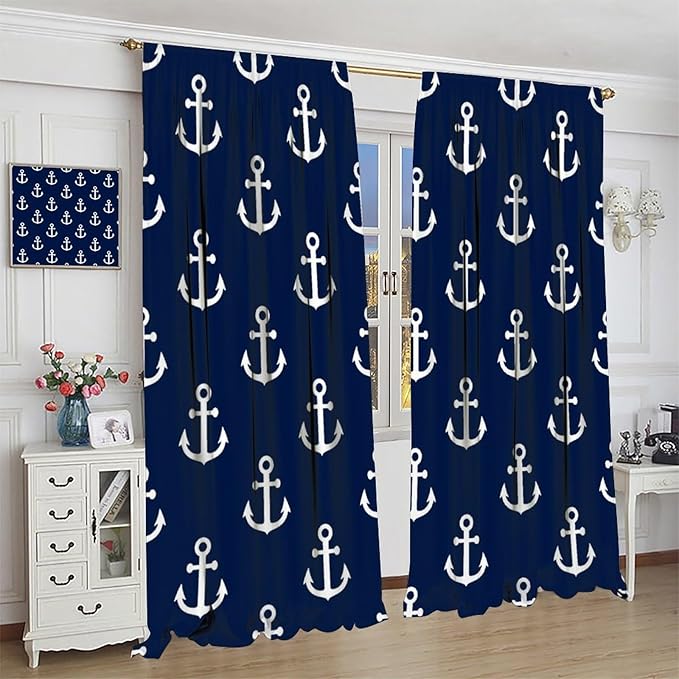 Nautical Costal Curtains,MarineThemed Oceanic Anchor Pattern Blackout Print Home Bedroom Living Room Window Treatments 2 Panel Set 84x84 Inch