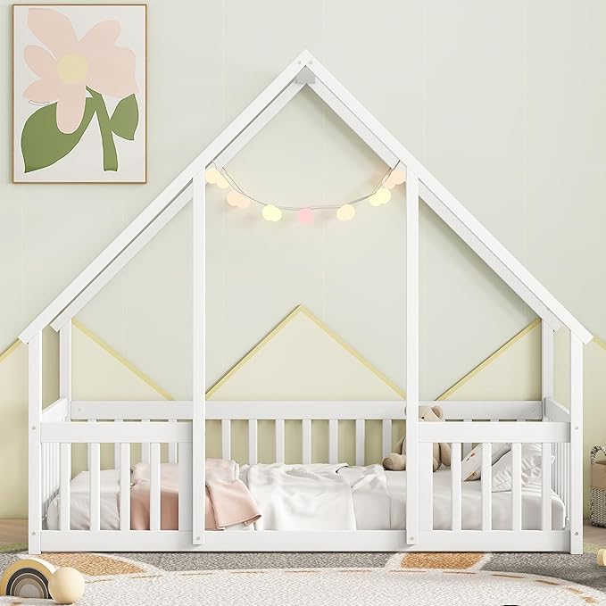 Bellemave Twin Floor Bed for Kids, Girls, Boys, Wood House Bed Frame, House Floor Bed for Kids, Twin Size Montessori Floor Bed with Fence, Playhouse, White