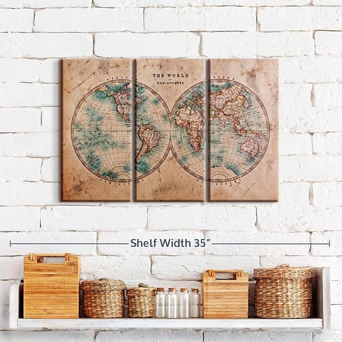ElephantStock Hemisphere Map Wall Art Multi Piece Canvas - 3 Piece Canvas World Map Wall Decor - Wall Decor Print - Vintage Wall Art - 23" X 14"