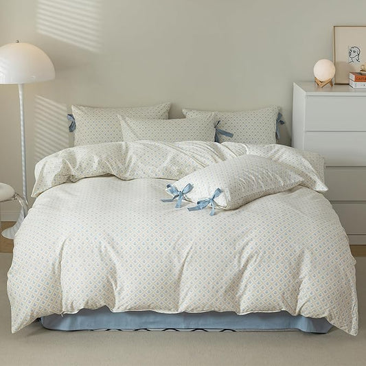 Blue Floral Duvet Cover Queen Teen Girls Cottagecore Coquette Bedding Set Queen 3 Pieces Soft Cotton Peach Flowers Comforter Cover with Bow Ties Pillowcases,Vintage Country Bedding Sets for Queen Bed