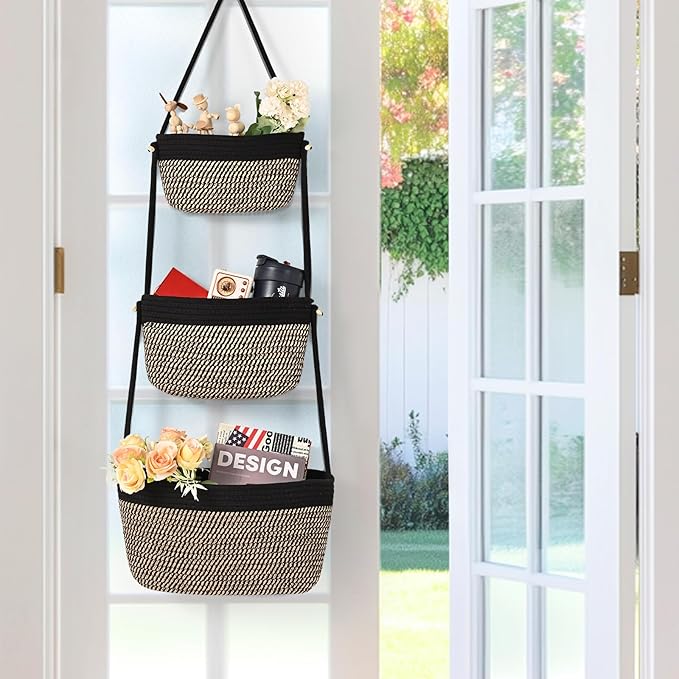 Hanging Storage Baskets, 3-Tier Over the Door Basket, Cotton Wall Baskets Storage, Detachable Hanging Door Basket with 4 Hooks, Over the Door Organizer Nursery for Bedroom, Living Room, Bathroom Wall