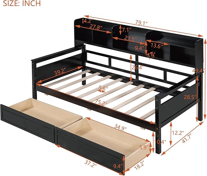 Harper & Bright Designs Twin Daybed with Storage, Wood Twin Size Bed Frame with Bookcase Headboard and 2 Drawers, Twin Sofa Bed with Shelves for Living Room Bedroom, No Box Spring Need, Espresso
