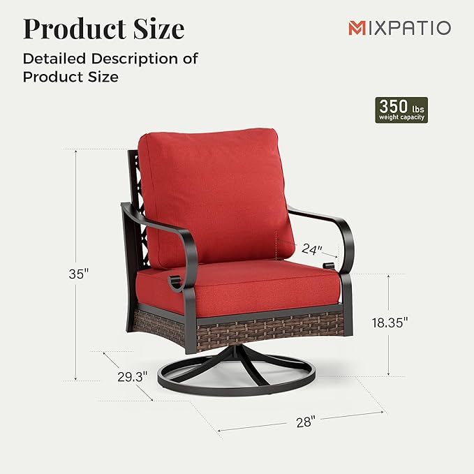 Patio Swivel Chairs Set of 2, Outdoor Sofa Chairs with Deep Seating and 5.75" Cushions, Steel Frame Porch Furniture for Lawn Backyard Deck, Red
