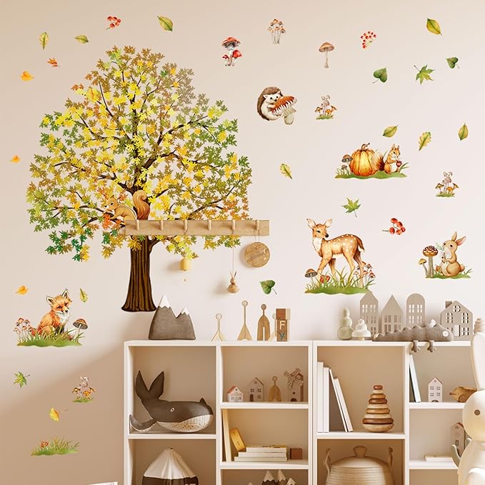 Woodland Forest Wall Decals Large Oak Tree with Animals Removable Peel and Stick Wall Art for Nursery Kids Room Fall Decor Living Room Classroom