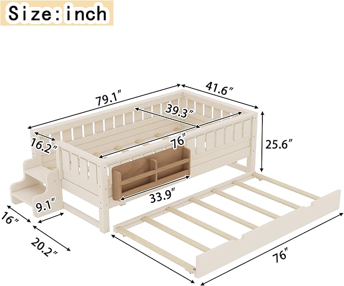 Bellemave Twin Bed with Trundle Twin and Stairs, Twin Size Platform Bed Frame with Fence and Bookshelf, Easy Assemble Beds for Kids, Girls, Boys, Beige