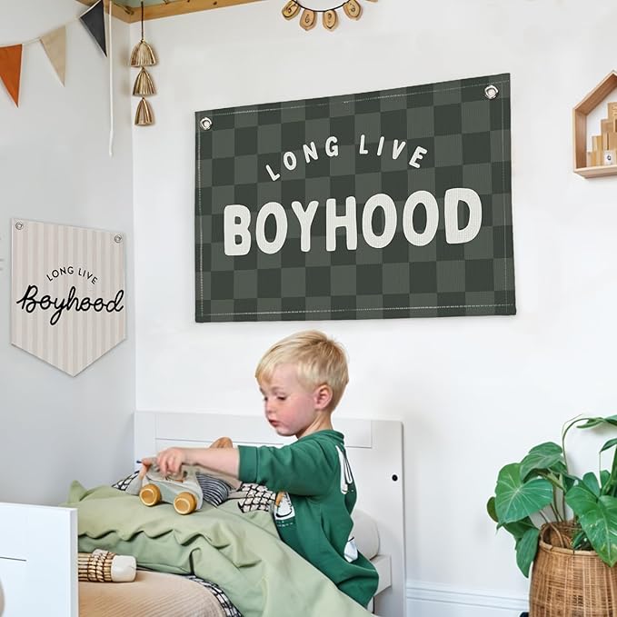 Lacama Green Long Live Boyhood Boys Room Decor, Boy Nursery Decor, Linen Banner Wall Hanging Canvas Banner Flag Decor for Toddler Boy Room Nursery 30x20 In