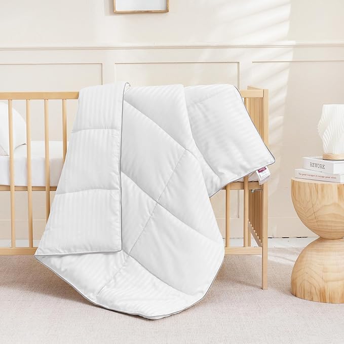 ZPECC Toddler Down Alternative Comforter, 39x47 Hypoallergenic Baby Blanket Quilt, Soft Breathable Lightweight All Season Kids Duvet Insert for Crib Stroller Cot Daycare, White Stripe