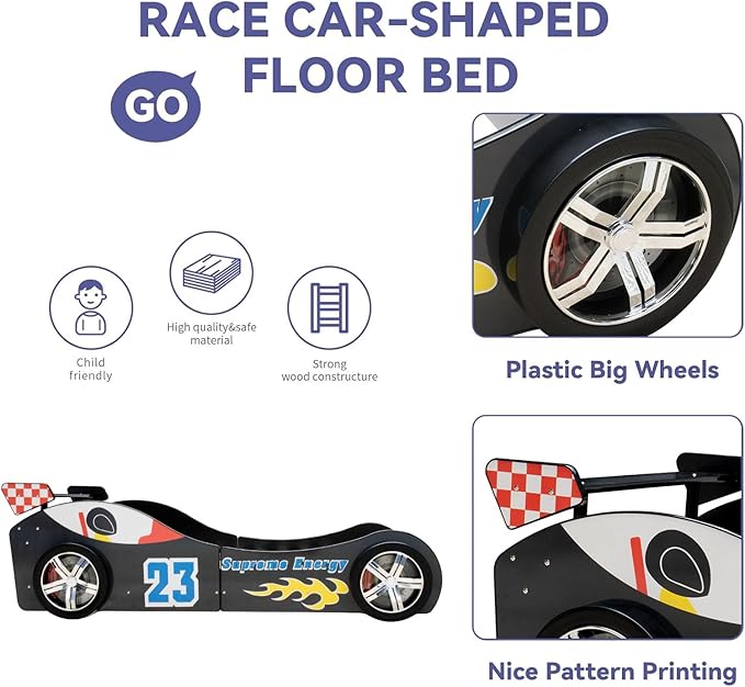 Race Car Twin Bed Frames for Kids, Wood Car-Shaped Bed Frame with Wheels LED Lights & Slat Support for Toddler, Teens, Boys or Girls (Race Car-Black)