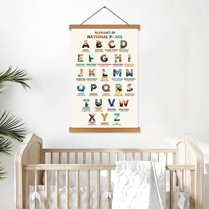 KAIRNE National Parks ABC Poster,Nature Scenery Alphabet Canvas Wall Art Print,Travel Themed Wall Decor with Wood Magnetic Poster Hanging Frame(15.7X25inch)Alphabet of National Parks for Traveler Room Decor