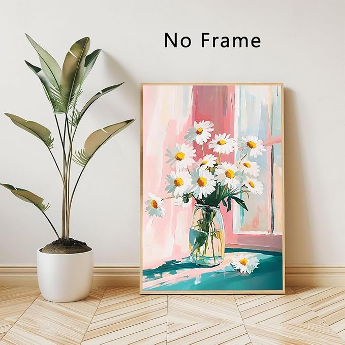 Rustic Farmhouse Floral Canvas Wall Art Flower Still Life Prints Flower In Vase Painting Modern Floral Canvas Daisy Painting White Daisy Picture Aesthetic Flowers Poster 16x24inch No Frame