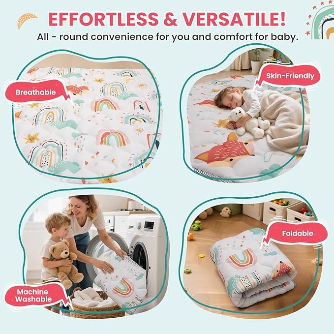 Baby Play Mat for Floor,71x59 Inch Soft Padding Crawling Mat for Playpen, Foldable and Machine Washable, Thick for Babies & Toddlers,Rainbow Fox