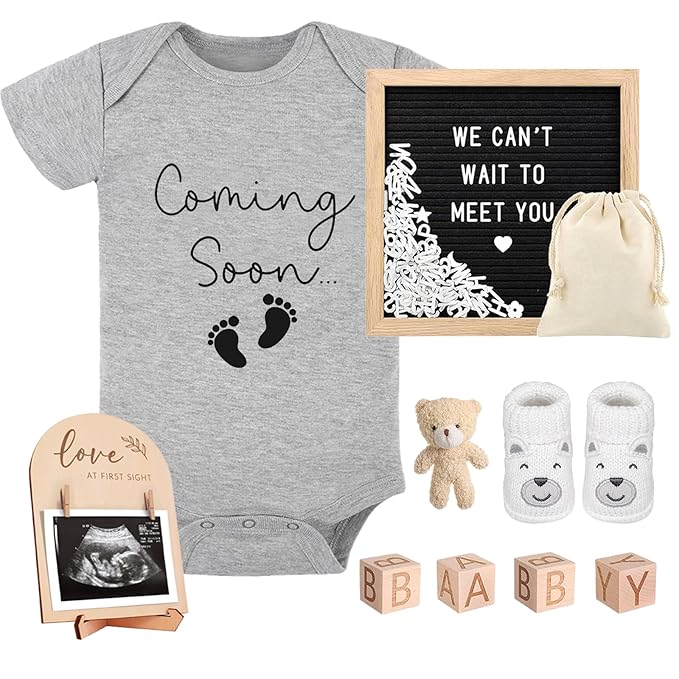 9 Pcs Pregnancy Announcements Set, Include Felt Letter Board Baby Bodysuit Shoes and Wooden Sign Surprise Announcement for Grandparents Partner Gift Family Reveal(Grey Coming soon-white shoe)