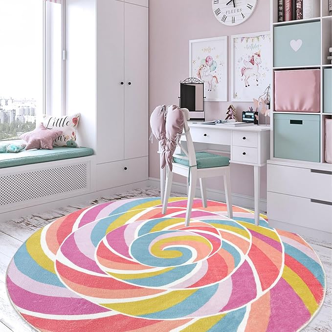 Kids Rug Play Mat 6Ft Round Rainbow Lollipop Girls Bedroom Carpet, Large Circle Candy Classroom Playroom Area Rug for Children, Cute Nursery Mat for Candyland Party Decorations