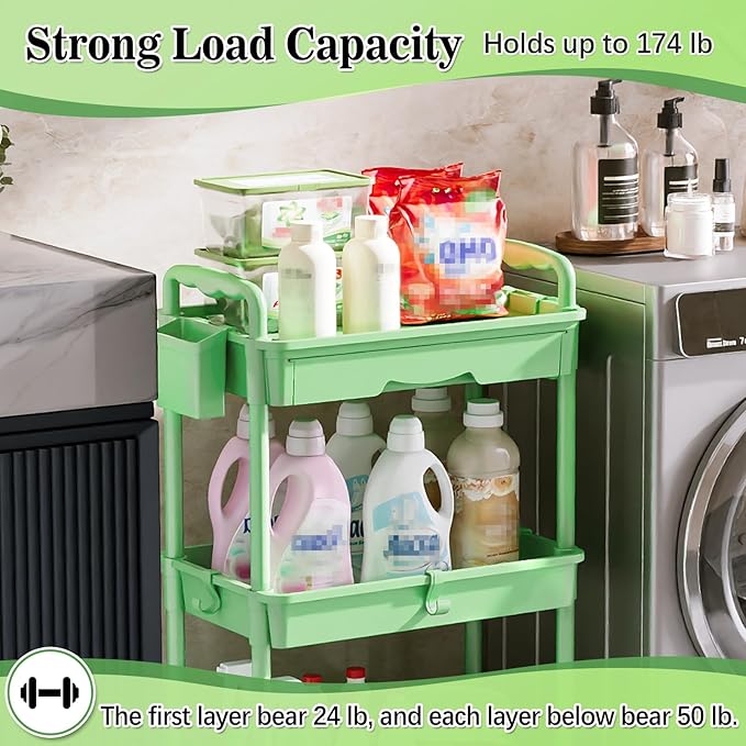 3-Tier Rolling Cart with Drawer & Lockable Wheels, Bathroom Storage Organizer Multifunctional Rolling Storage Cart for Bathroom, Kitchen, Office, Craft, Makeup, Baby Essentials, Green