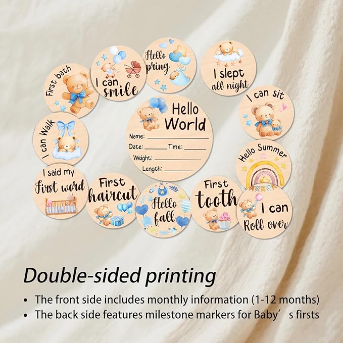 Baby Monthly Milestone Cards - 13 Double-Sided Wooden Milestone Signs Discs with Bear & Star Designs, Little Bears Birth Announcement Cards for Photo Props(0-12 Months), Newborn Sign Baby Shower/Gift