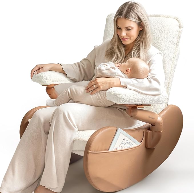 MAMAZING Nursery Rocking Chair Glider with Adjustable Armrests for Breastfeeding, Upholstered Nursing Chair with Removable Cover for Mom and Baby(Brown/Beige)