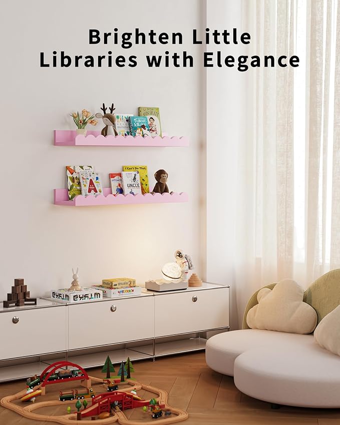 Shario Nursery Book Shelves, 4-Pack White Floating Shelves for Wall Kids, Scalloped Shelves, Wall Book Shelves for Bedroom Kids, Toddler Room, Baby Room, Nursery Decor(Pink, 16.5 Inches)