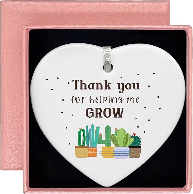 Heart Shaped Christmas Ornament-Teacher Appreciation Week Gift-Thank You Present for Teacher Mentor Instructor Helping Me Grow Inspirational Ceramic Keepsake Decor