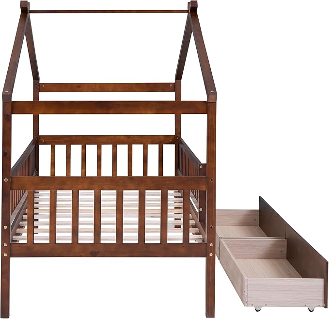 Merax Twin Size Wooden House Bed with Two Drawers, Wood Bed Frame with Roof and Safety Guardrail for Kids, Teens, Boys or Girls, Walnut