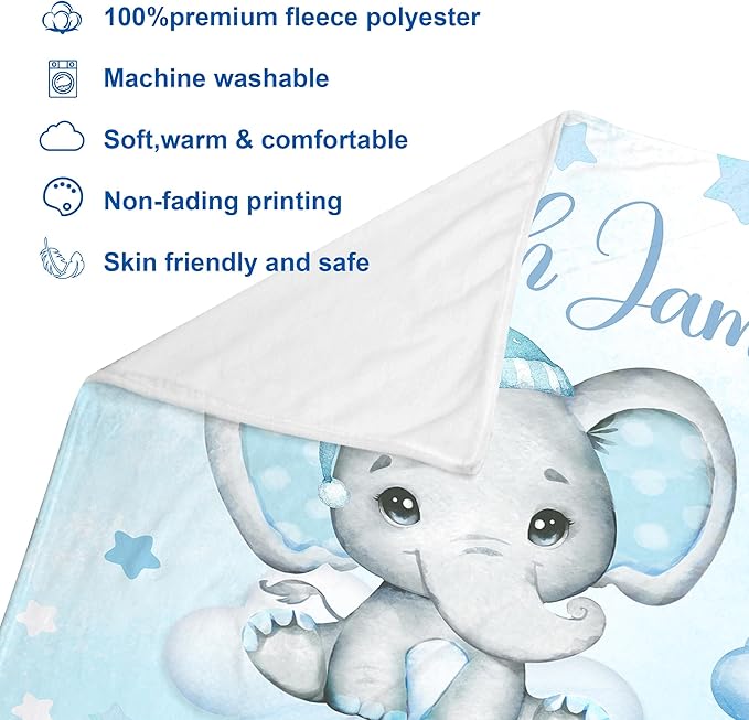 J&SBGFT Personalized Baby Blanket for Boys,Custom with Name, Customized Name Receiving Blankets Toddlers Kids Nursery Stroller Crib Decor Throw 30/''x40/'',Color2, 02-blue Elephant