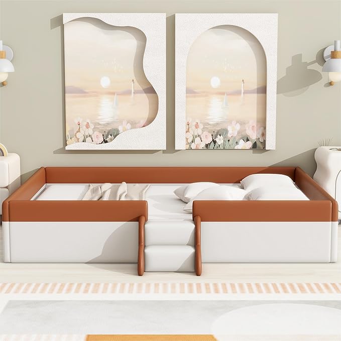 Merax Upholstered Kids' Daybed, Daybed Frame with Fence and Stairs, No Box Spring Needed, Queen Size, Brown+White