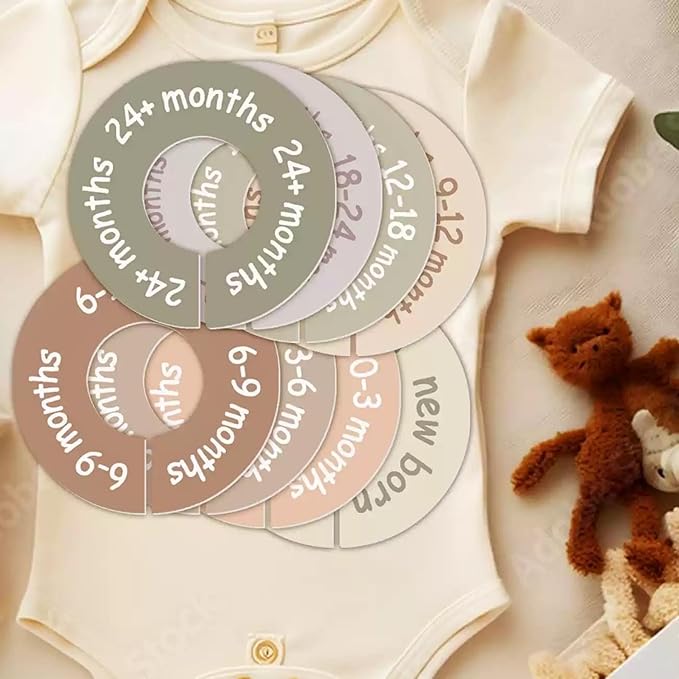 Baby Closet Dividers for Clothes-Baby Wardrobe Organizer,Earth Tone Round Baby Clothes Dividers for Closet Rod,Nursery Closet Organizer & Decor, Clear Labels for Easy Sorting, Fits Most Rods